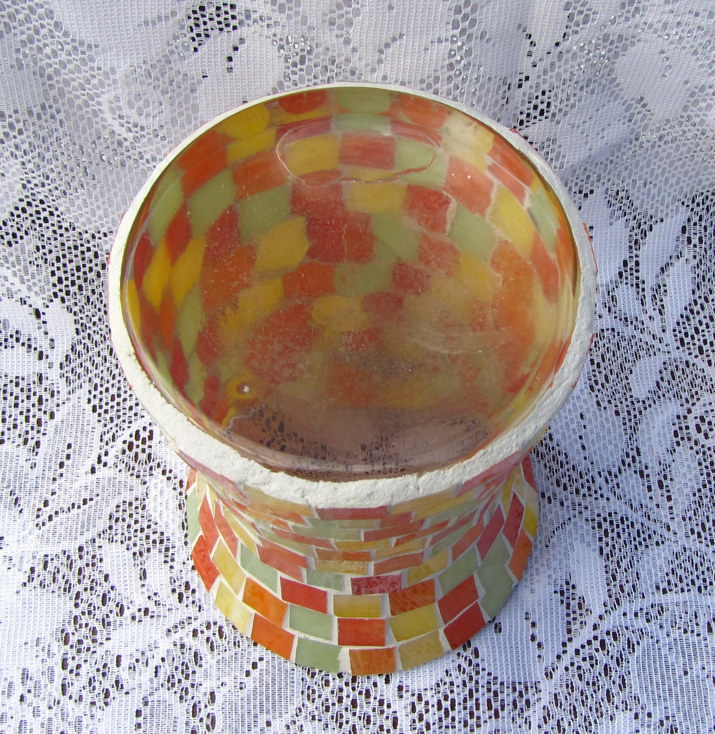 Large Vase in 7" Handmade Mosaic Squares of red, orange, yellow, and light green