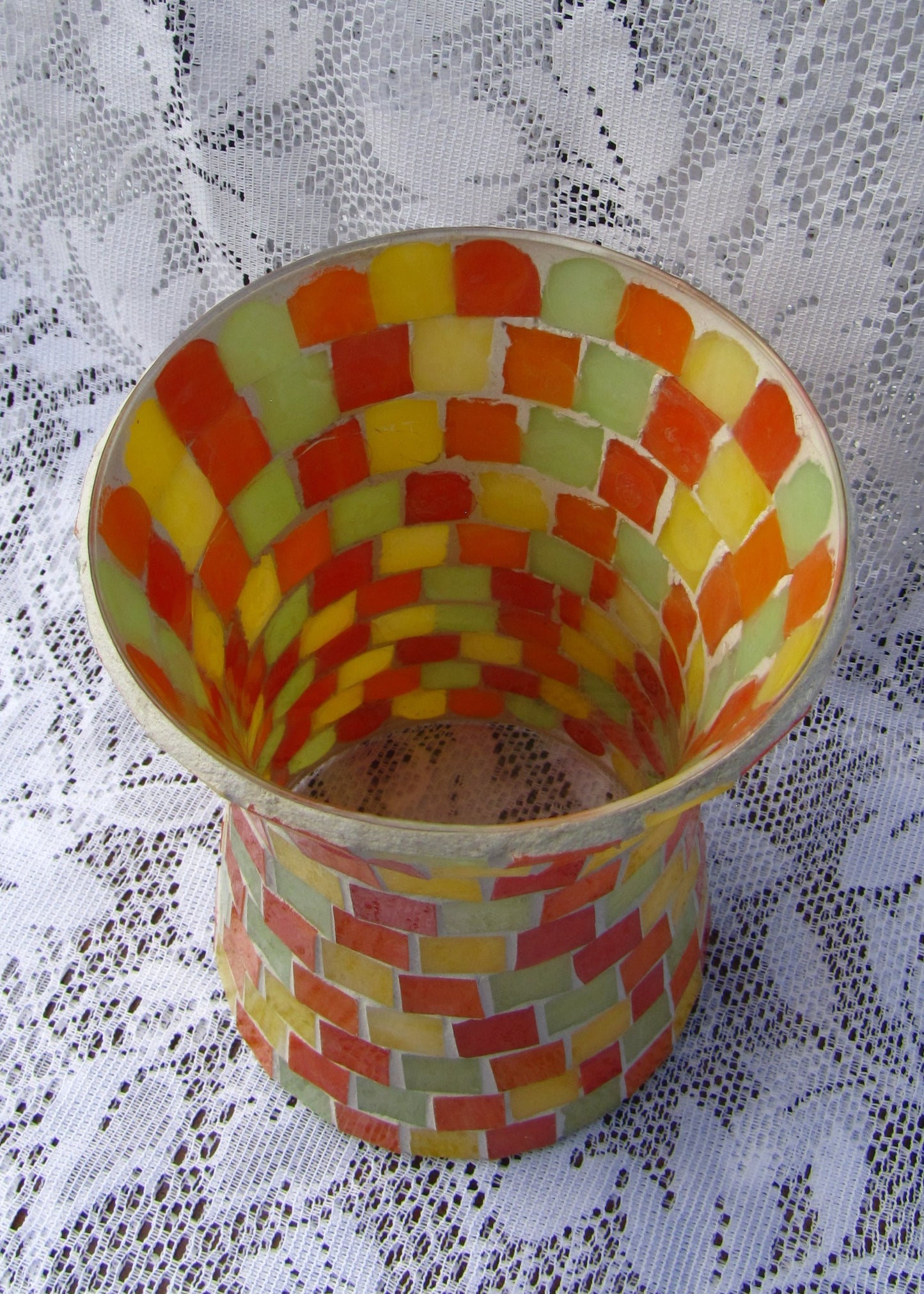 Large Vase in 7" Handmade Mosaic Squares of red, orange, yellow, and light green