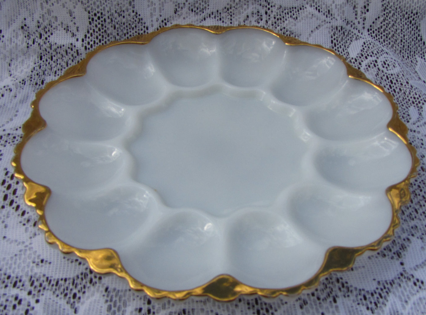 Milk Glass Deviled Egg Serving Dish with Gold Trim, 10" Round