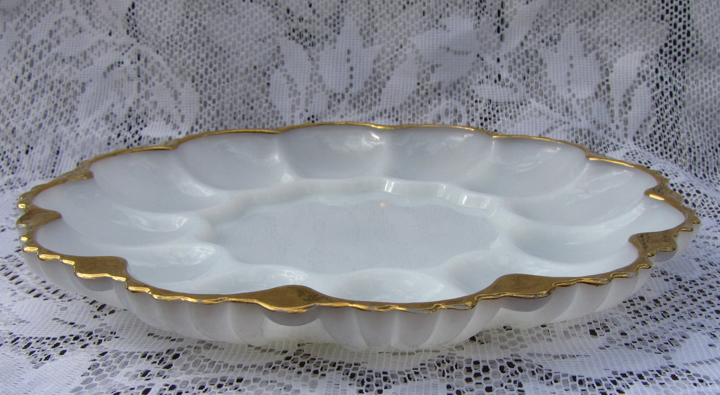 Milk Glass Deviled Egg Serving Dish with Gold Trim, 10" Round