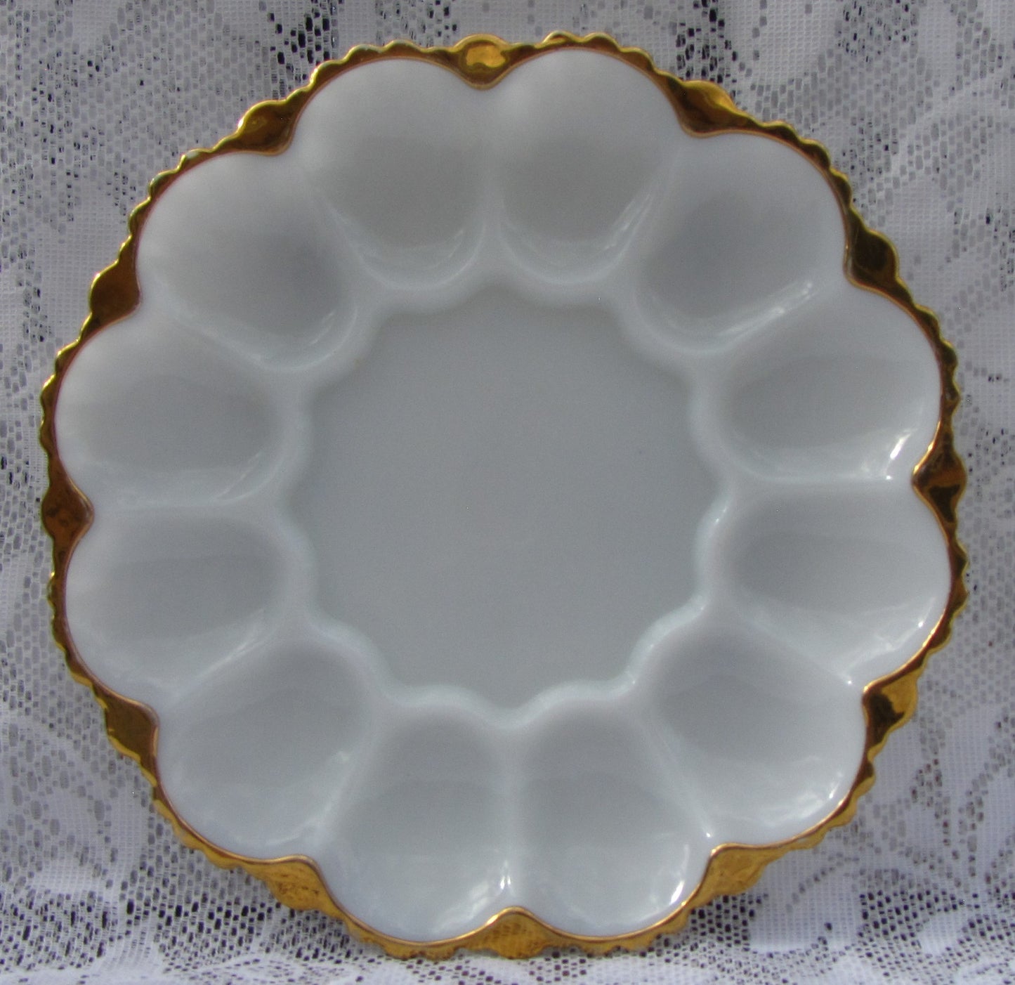 Milk Glass Deviled Egg Serving Dish with Gold Trim, 10" Round