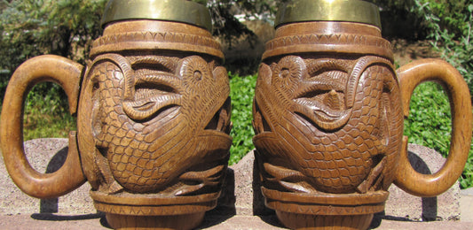 Vintage Hand Carved Mugs,  W/Polished Copper insert. Set of 2 each,