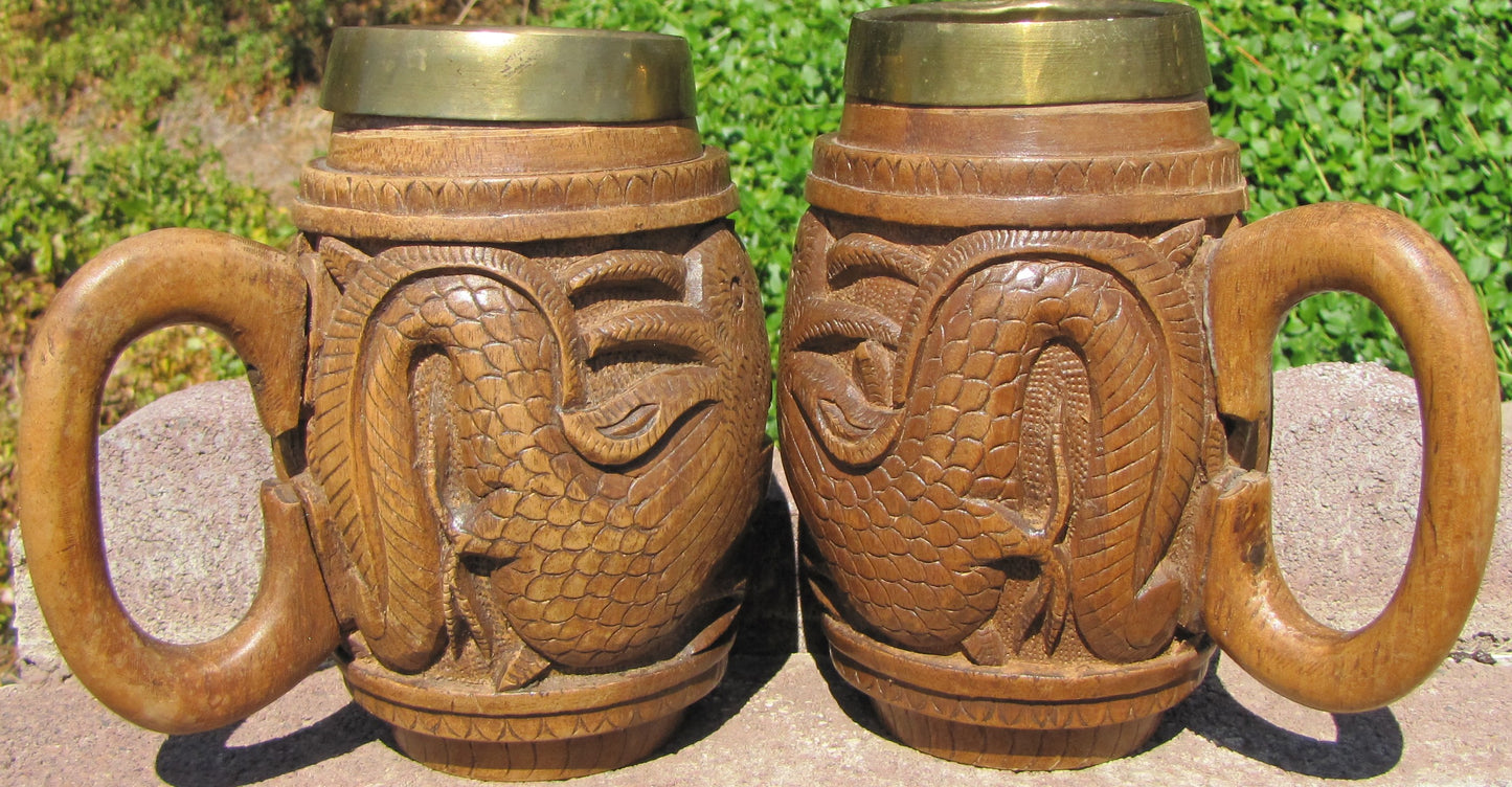 Vintage Hand Carved Mugs,  W/Polished Copper insert. Set of 2 each,