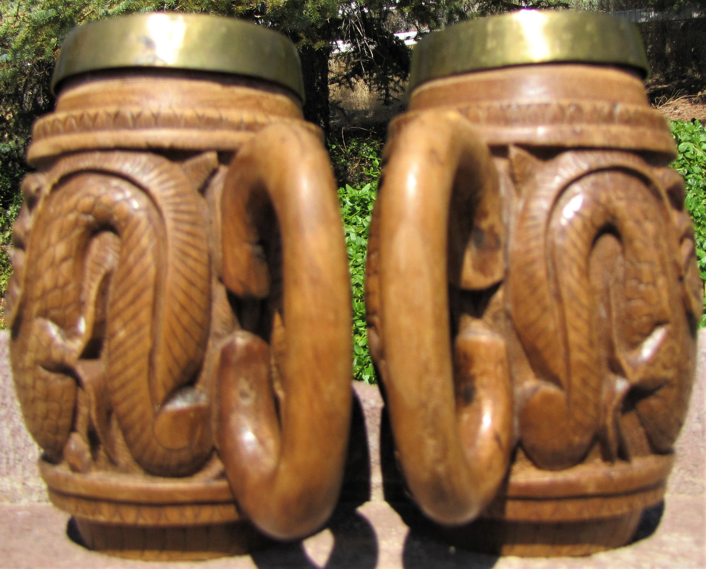 Vintage Hand Carved Mugs,  W/Polished Copper insert. Set of 2 each,