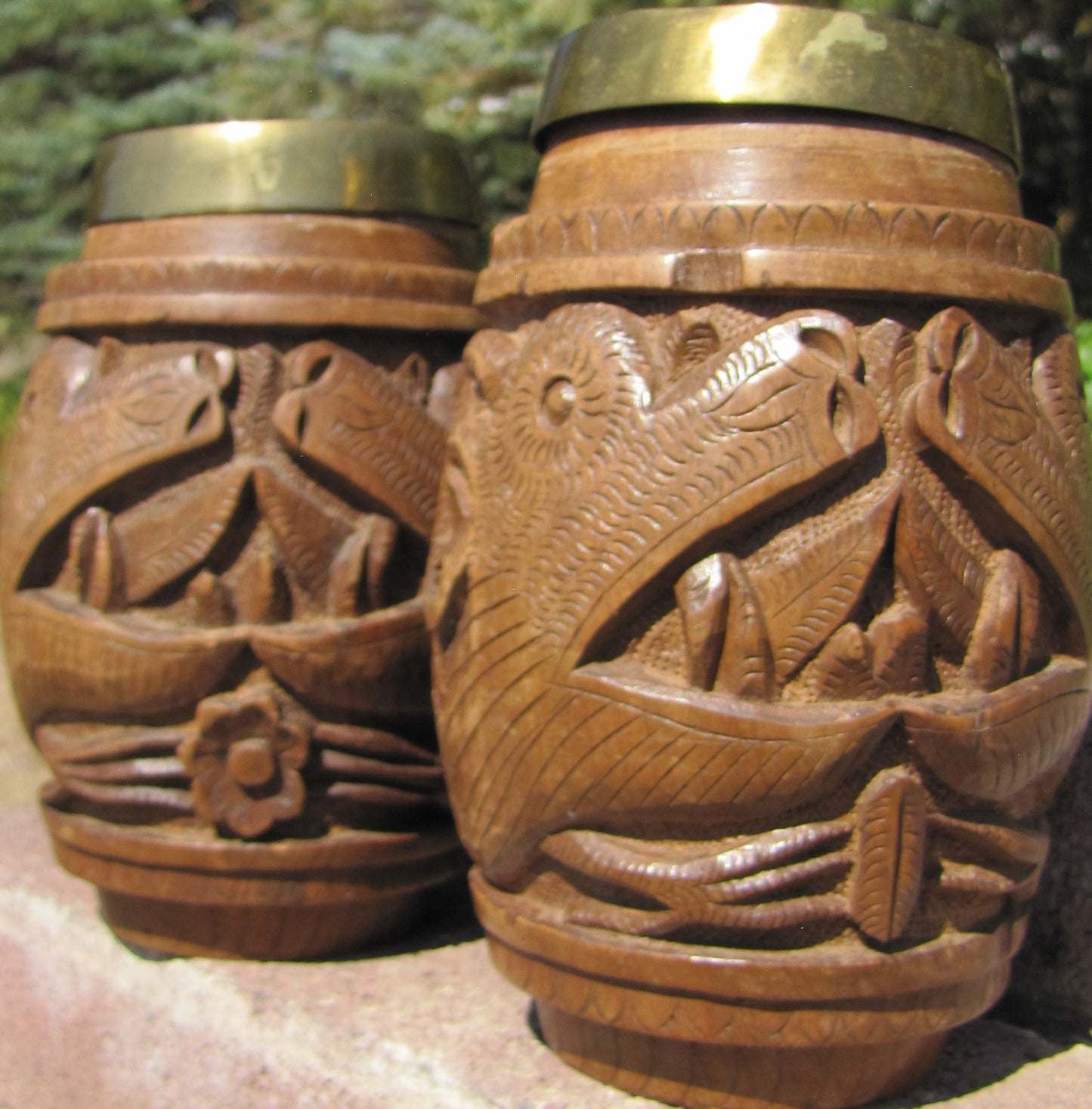 Vintage Hand Carved Mugs,  W/Polished Copper insert. Set of 2 each,