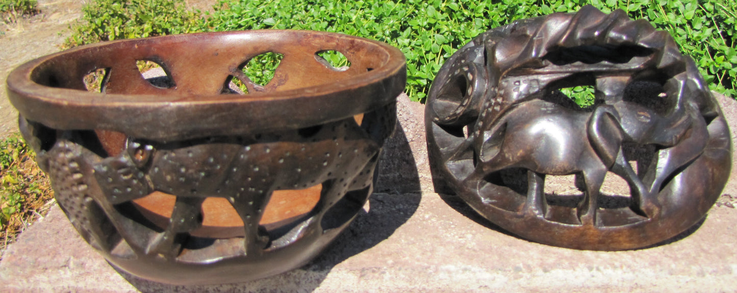 Vintage, Collectable , Hand Carved Wooden Bowl with Hand carved matching top.