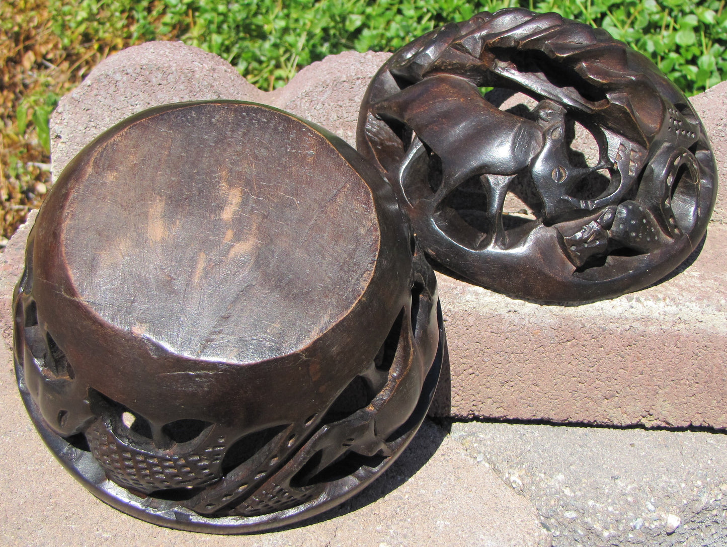 Vintage, Collectable , Hand Carved Wooden Bowl with Hand carved matching top.