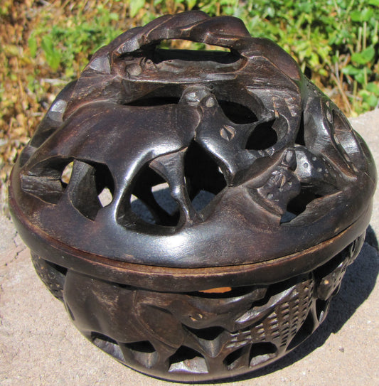 Vintage, Collectable , Hand Carved Wooden Bowl with Hand carved matching top.