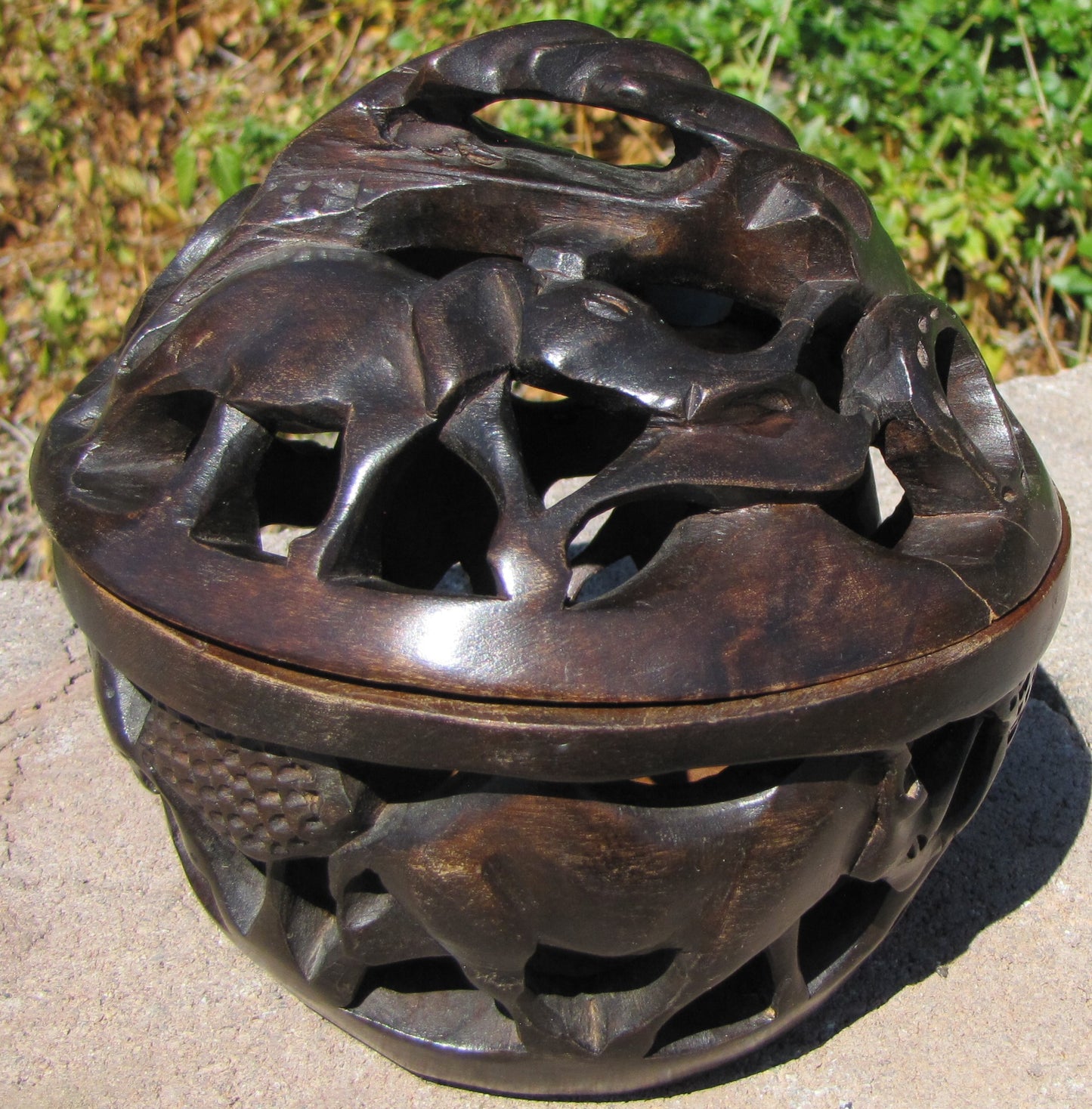 Vintage, Collectable , Hand Carved Wooden Bowl with Hand carved matching top.