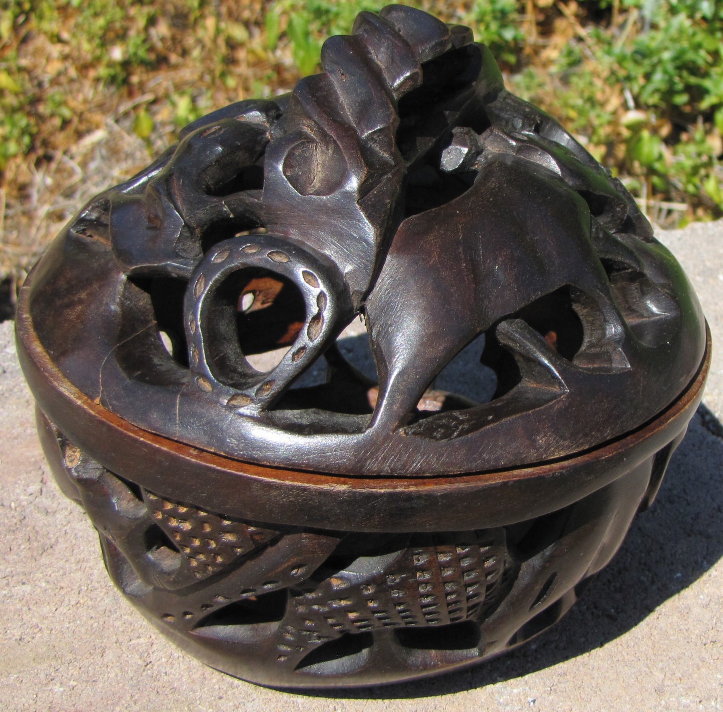 Vintage, Collectable , Hand Carved Wooden Bowl with Hand carved matching top.