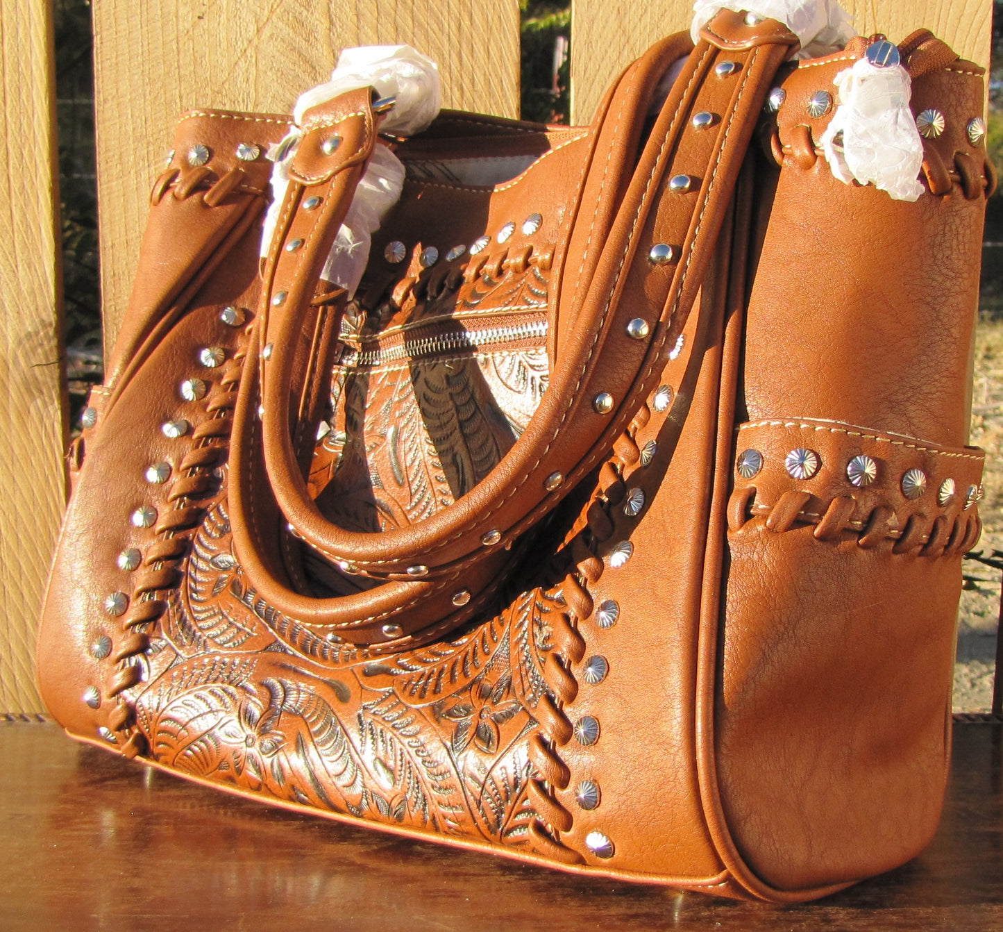 Leather Purse: Large Light Brown Tooled Handbag by Montana West