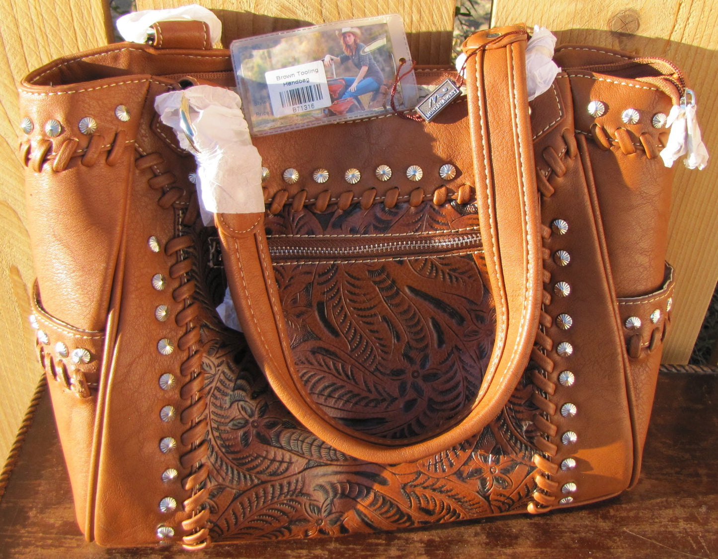 Leather Purse: Large Light Brown Tooled Handbag by Montana West