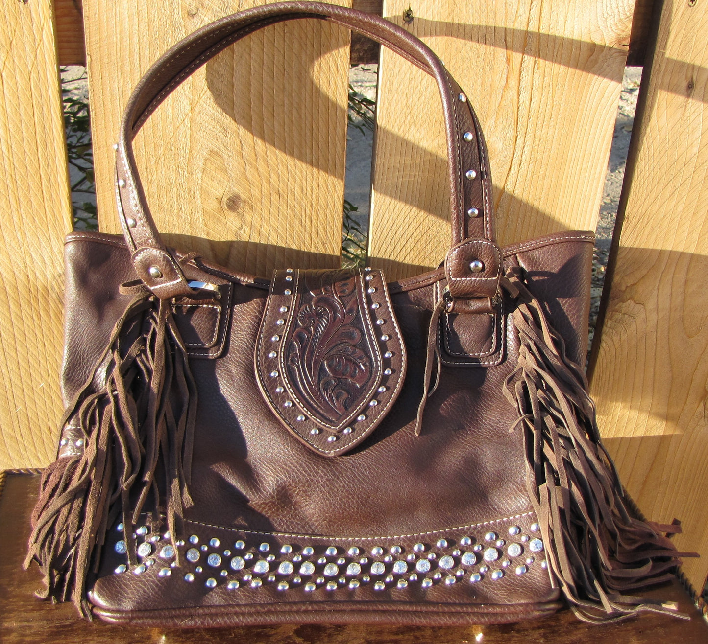 Leather Purse (Trinity Ranch) Large Dark Brown, Jeweled with Long Fringe