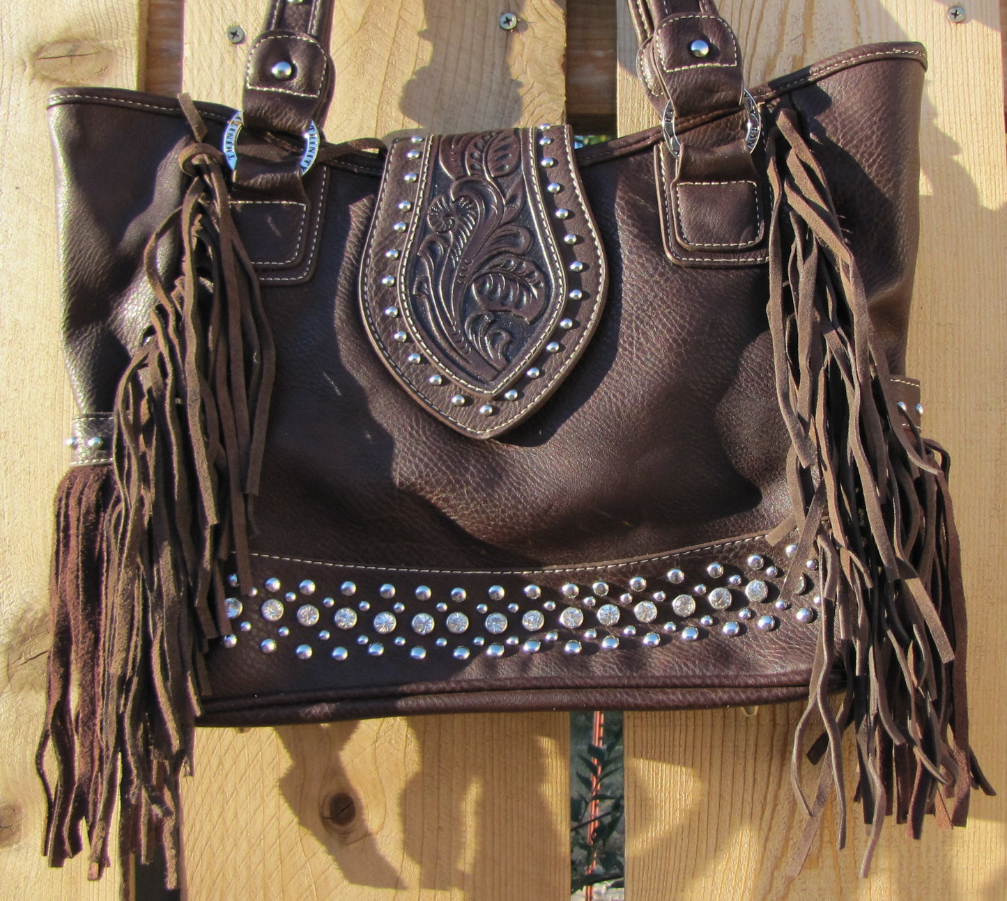 Leather Purse (Trinity Ranch) Large Dark Brown, Jeweled with Long Fringe