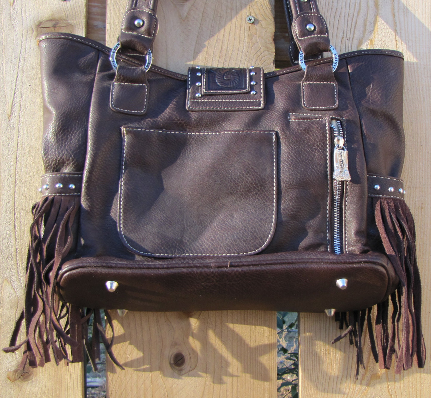 Leather Purse (Trinity Ranch) Large Dark Brown, Jeweled with Long Fringe