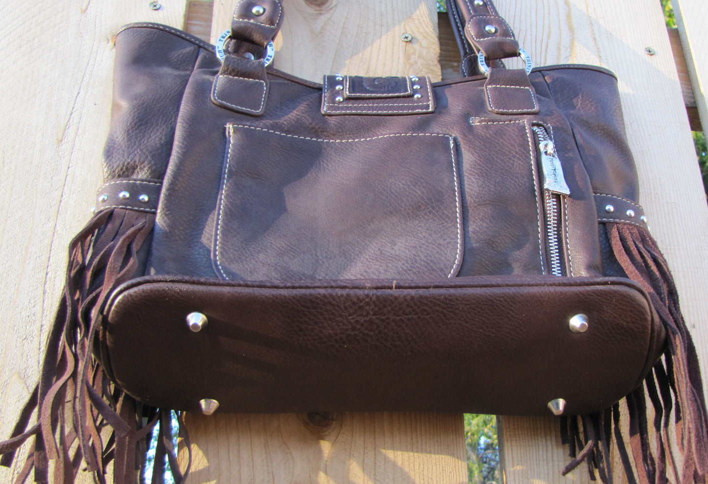 Leather Purse (Trinity Ranch) Large Dark Brown, Jeweled with Long Fringe