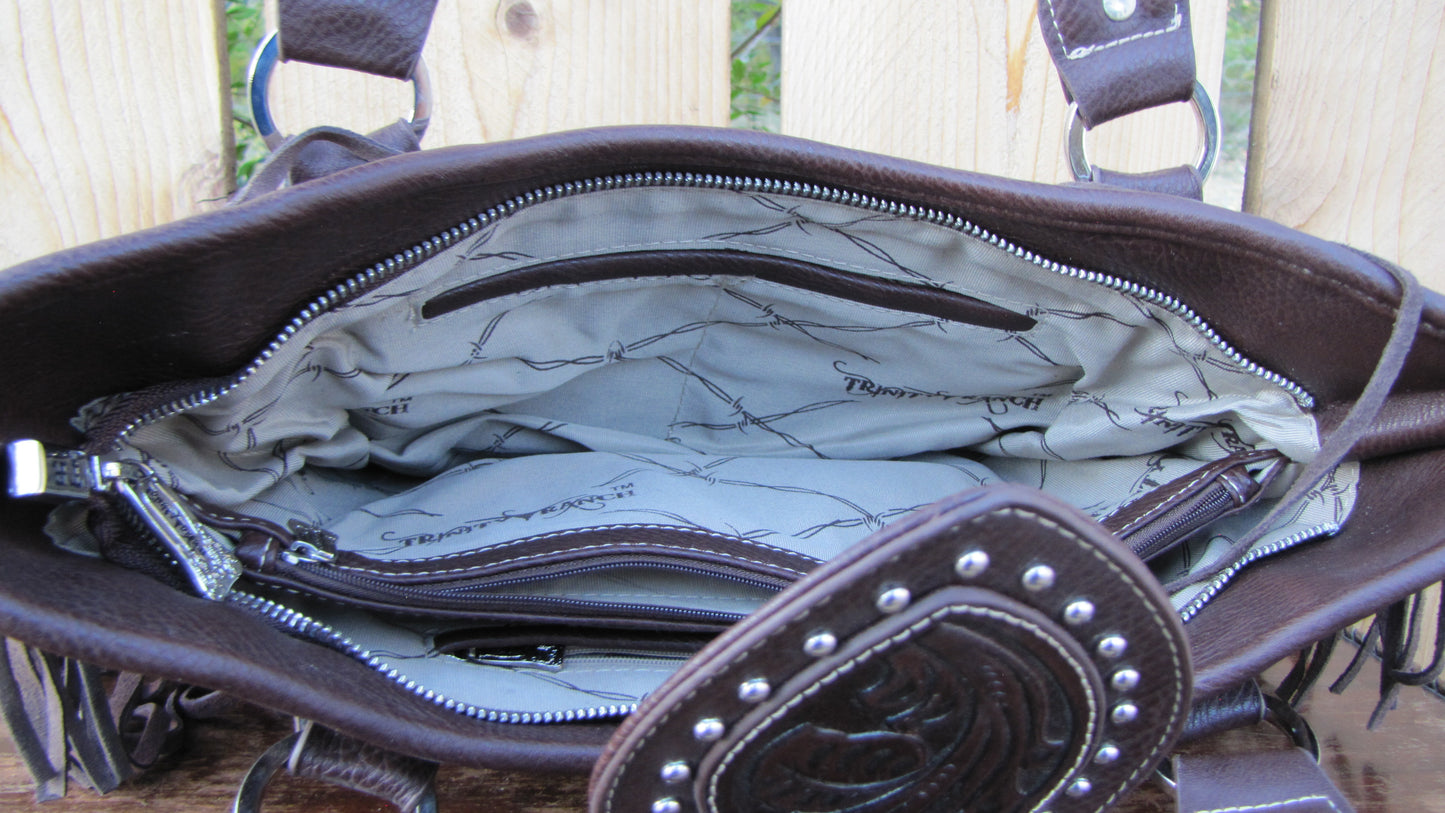 Leather Purse (Trinity Ranch) Large Dark Brown, Jeweled with Long Fringe