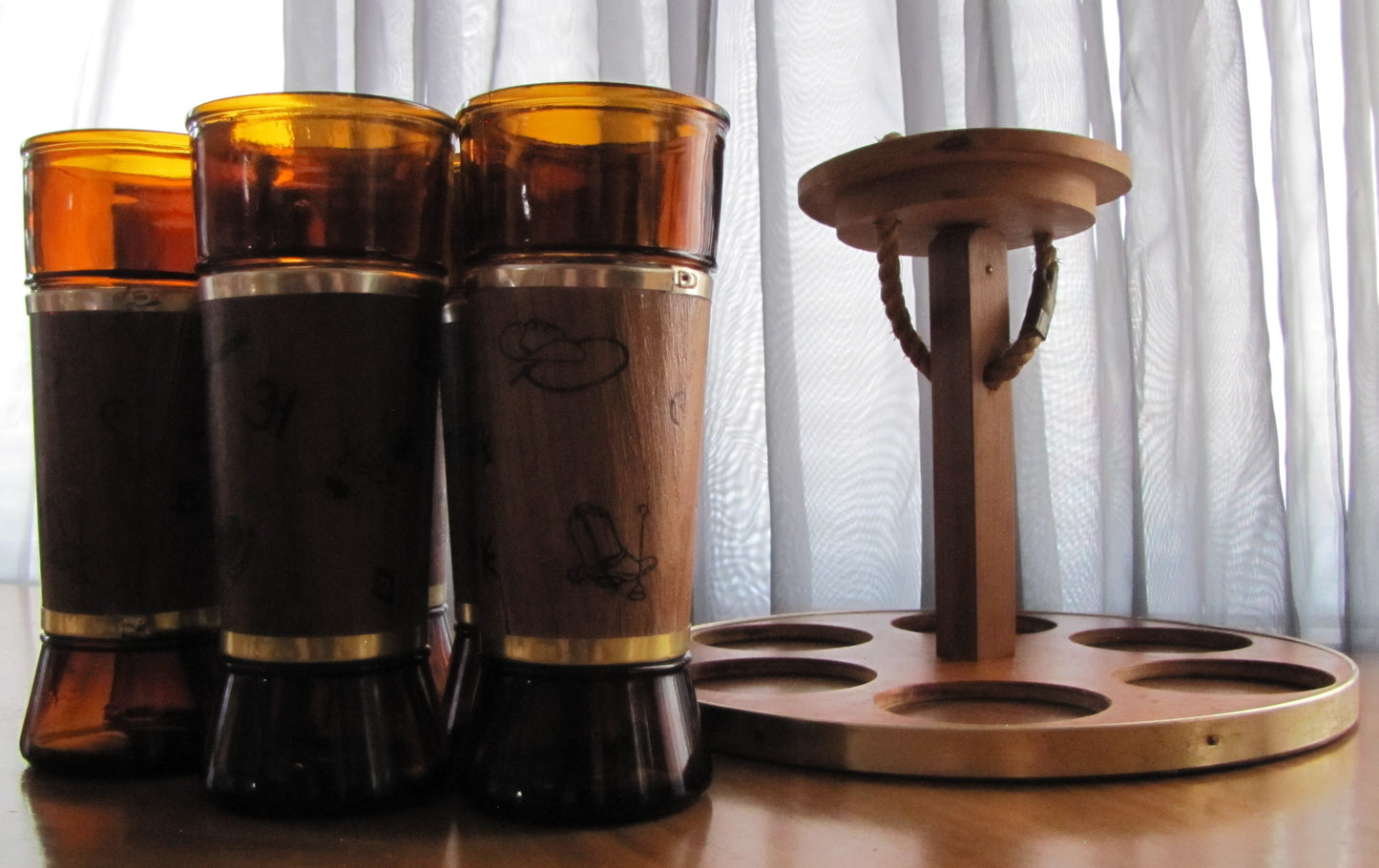 Amber Siesta Ware Glasses with Wooden Wrap and Western Style Holder