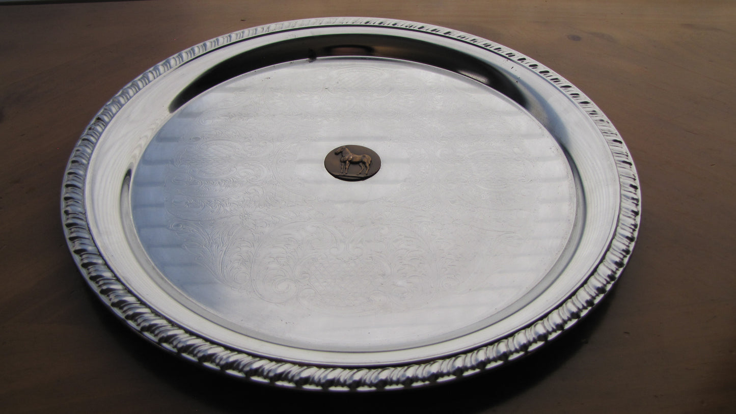 Sterling Silver Round Tray with Horse Embelishment