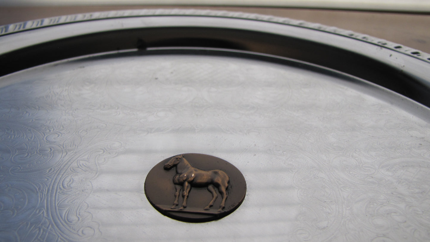 Sterling Silver Round Tray with Horse Embelishment