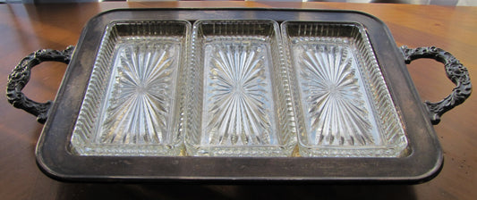 Sterling Silver Relish Tray, Rectangular  with 3 Glass/Crystal Inserts and 4 feet