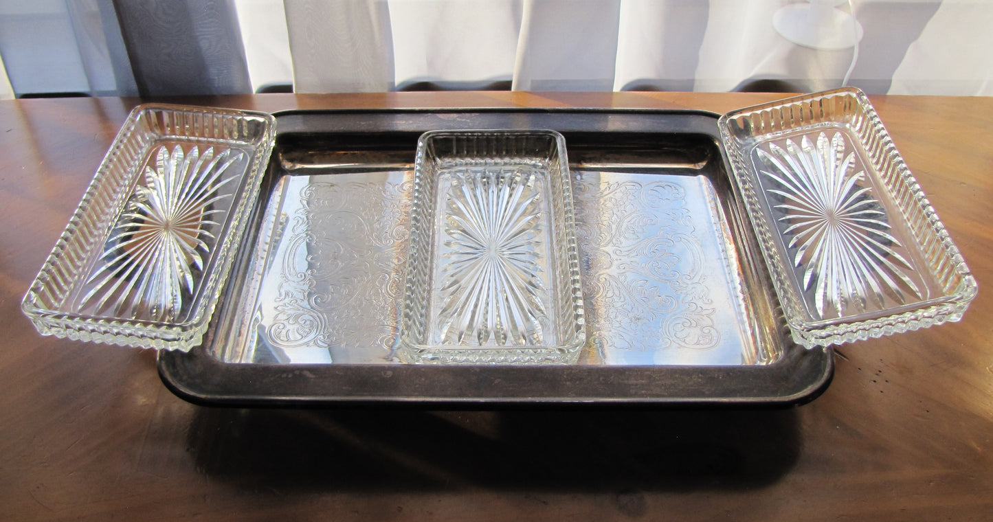 Sterling Silver Relish Tray, Rectangular  with 3 Glass/Crystal Inserts and 4 feet