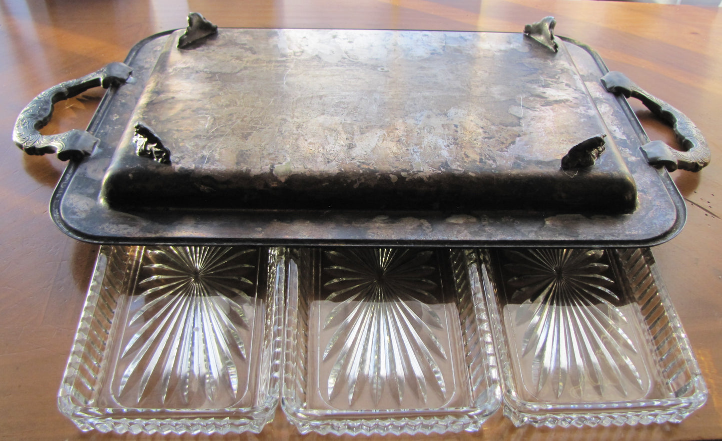 Sterling Silver Relish Tray, Rectangular  with 3 Glass/Crystal Inserts and 4 feet